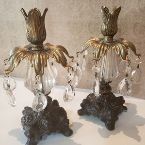 Pair of cast and glass art deco candlesticks